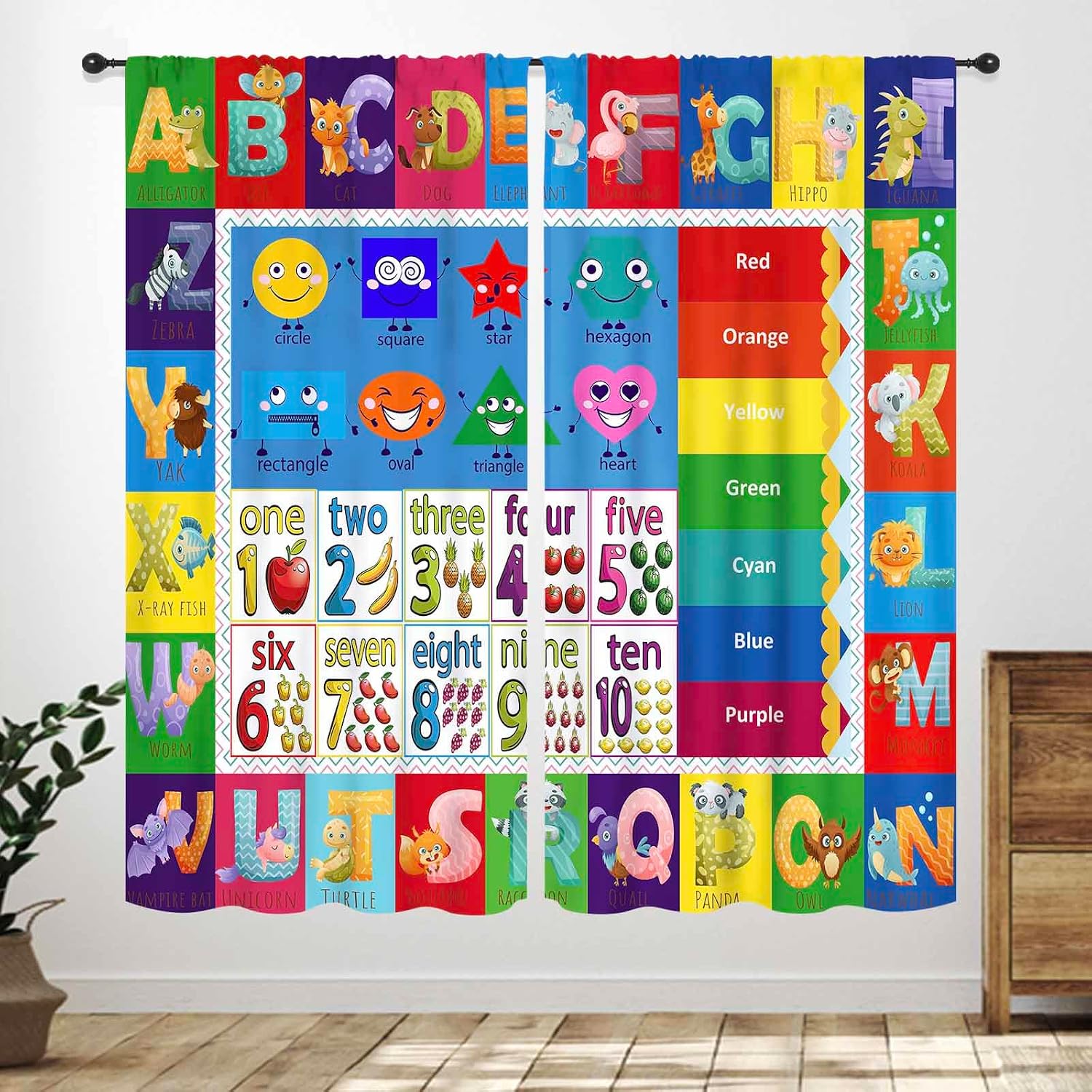 Abc Kids Early Education - ABC-Zahlen-Form-Vorhangpaneele, Bunte Tier-Buchstaben-Zahlen-Form Frühpädagogik-Druckvorhänge Orientalische Kinderzimmer-Wohnzimmerdekoration